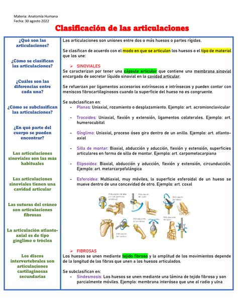 Clasificaci N De Las Articulaciones Materia Anatom A Humana Fecha