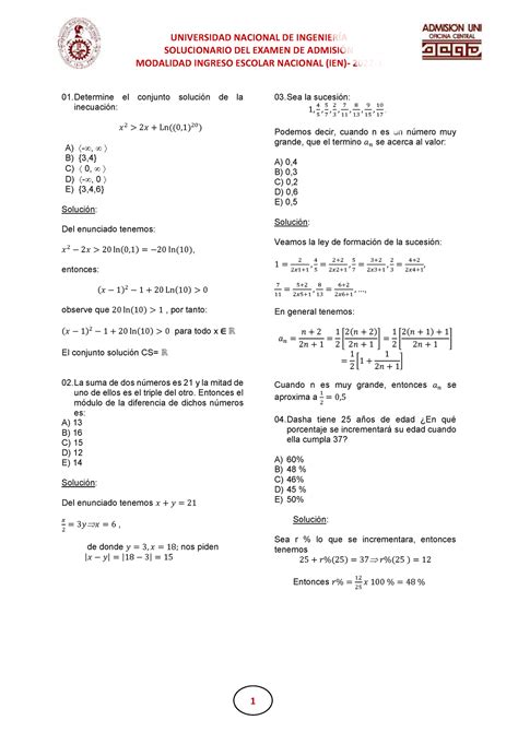 Httpien Admision Uni Solucionario Del Examen De Admisi N Modalidad