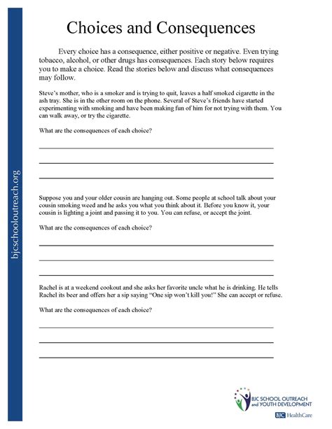 Choices And Consequences Worksheet Choices And Consequences