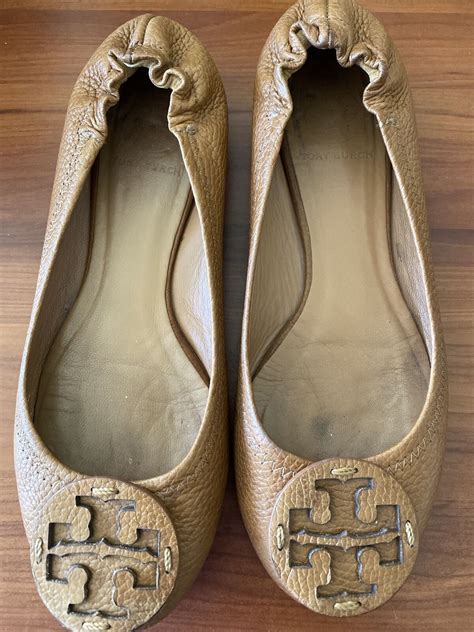 Tory Burch Reva Logo Ballerina Flat Royal Tan Tumbled Gem