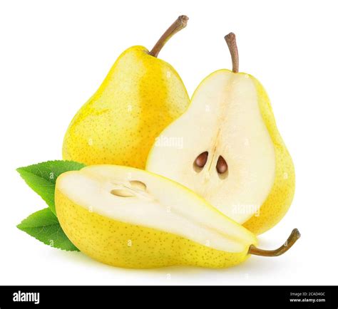 Isolated Yellow Pears One Whole Pear Fruit And One Cut In Half