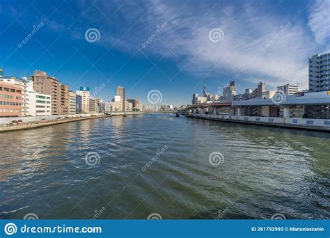 Wide Angle View Of Sumida River Sumidagawa From Ryogoku Bridge