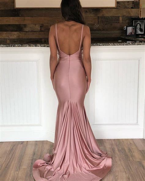 V Neck Mermaid Dusty Pink Prom Dresses With Sweep Train Dusty Pink