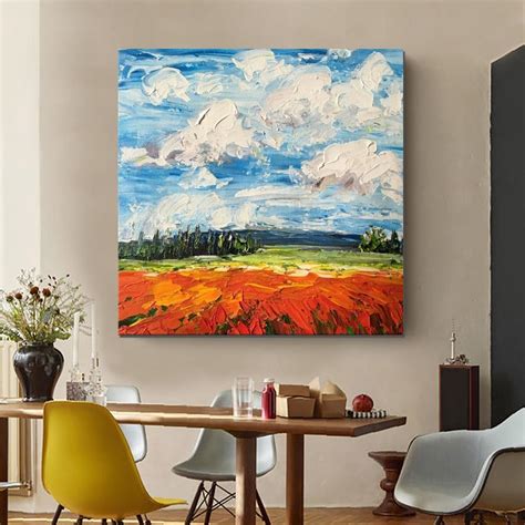 Red Poppy Field and Sky, Abstract Landscape Painting, Landscape Painti ...