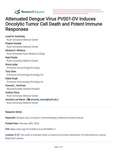 Pdf Attenuated Dengue Virus Pv Dv Induces Oncolytic Tumor Cell