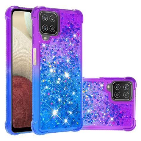 SKALO Samsung A12 Kvicksand Glitter Hjärtan TPU skal Lila Blå