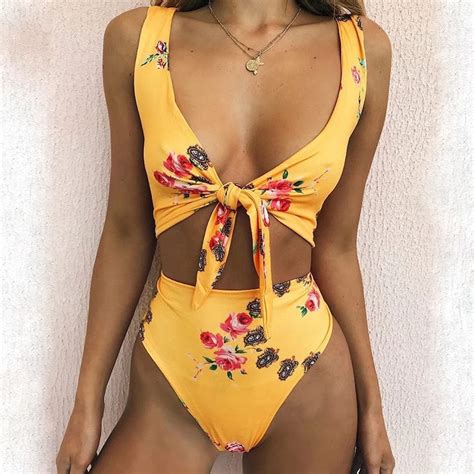 2018 High Waist Yellow Tied Bikini Set Stiped High Waisted Swimsuit