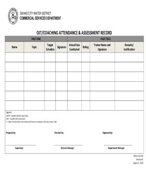 Fillable Online OJT COACHING ATTENDANCE ASSESSMENT RECORD Fax Email