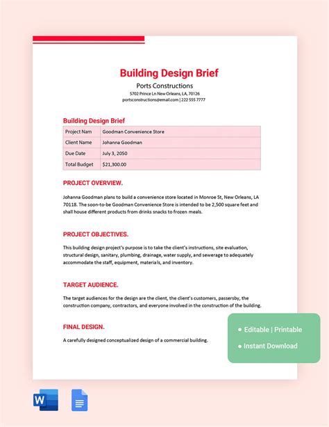 Building Design Brief Template in Word, Google Docs - Download ...