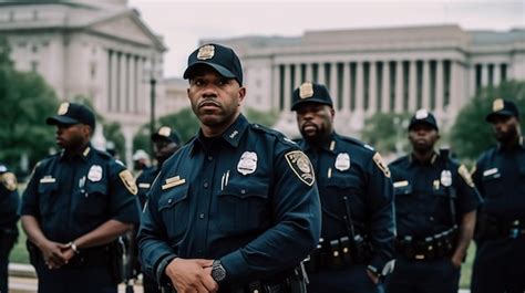 Premium Photo | A group of police officers stand in front of a white building.