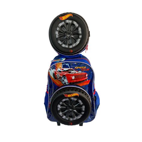 KIT MOCHILA INFANTIL DE RODINHA ESCOLAR LANCHEIRA TERMICA GRANDE HOT WHEELS AZUL VOLTA AS