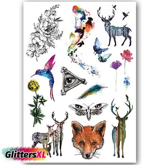 GlittersXL Temporary Tattoo Hert Vos Vogels Bloemen A5 Formaat