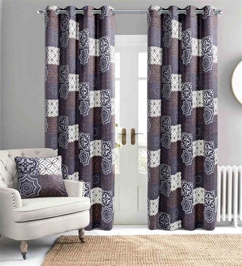 Buy Blue Polyester Geometric Ft Blackout Eyelet Door Curtain At