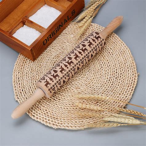 Buy LH Wood Rolling Pin Engraved Carved Embossed Kitchen Christmas