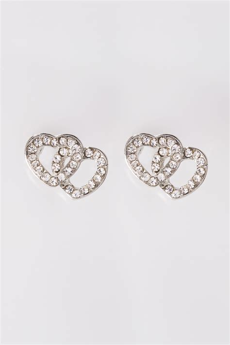 Silver Heart Shaped Diamante Stud Earrings