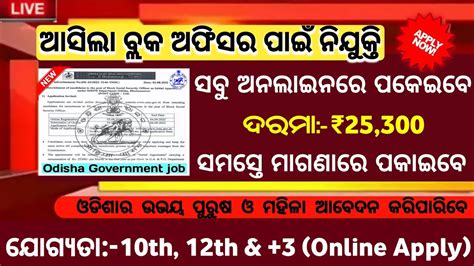 ଆସିଲା ବ୍ଲକ ଅଫିସର ପାଇଁ ନିଯୁକ୍ତି Block Level Jobs Odisha Govt Jobs Odisha