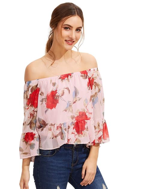 Pink Floral Off The Shoulder Blouse Shein Sheinside