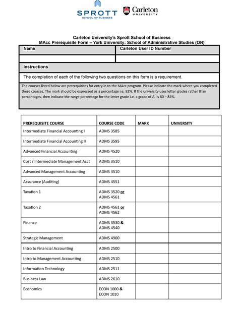 York Schulch Bcomm Macc Prerequisite Form Carleton Universitys