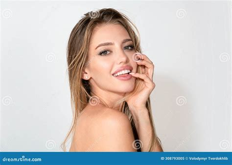 Beautiful Smiling Woman With Naked Shoulder On White Sensual Beauty