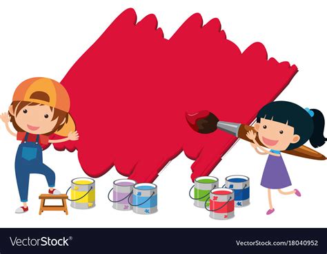 Two kids painting wall with red color Royalty Free Vector