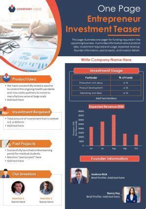 One Page Entrepreneur Investment Teaser Presentation Report Infographic