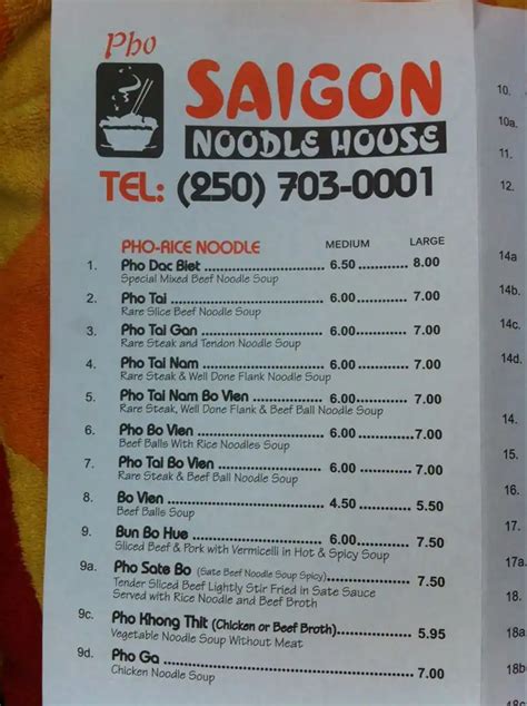 Menu At Saigon Noodle House Restaurant Courtenay