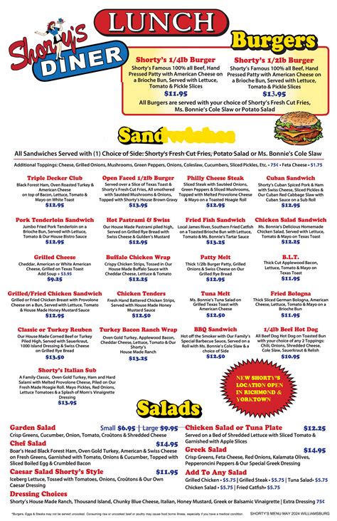 Shorty's Diner, Williamsburg, VA | Breakfast & Lunch Menu with weekly