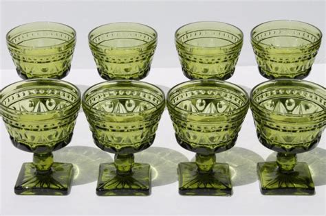 Colony Park Lane Vintage Avocado Green Glass Sherbet Glasses 70s Retro Glassware Set