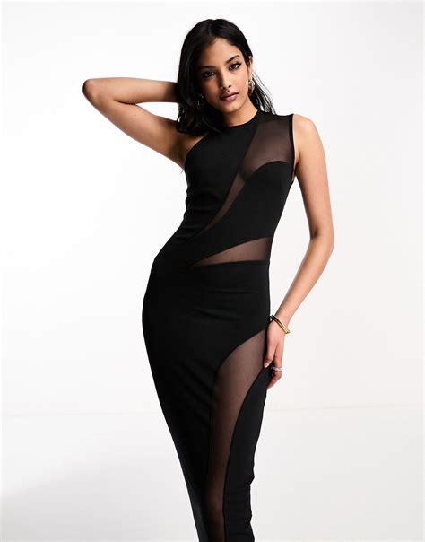 Asos Asymmetric Cut Out Mesh Maxi Dress In Black Lyst