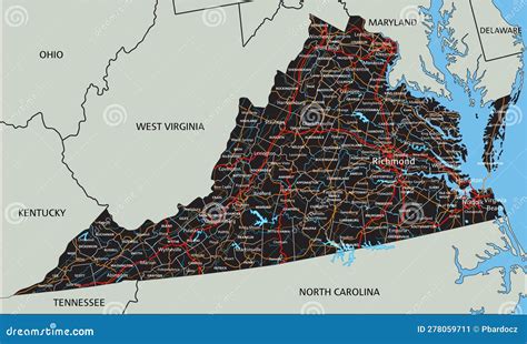 Detailed Virginia Road Map with Labeling. Stock Vector - Illustration ...