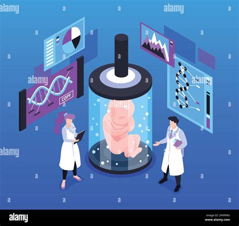 Human Cloning Isometric Background With Scientists Embryo In Medical