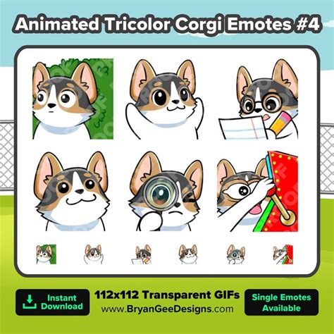 Animated Tricolor Corgi Twitch Emotes Hiding Bush Clapping Notes POP Sus Magnifying Glass Gamba ...