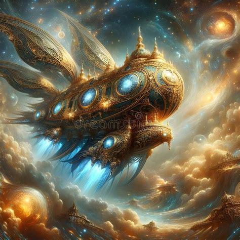 A Mesmerizing Baroque Airship Soars Against A Galactic Backdrop Stock