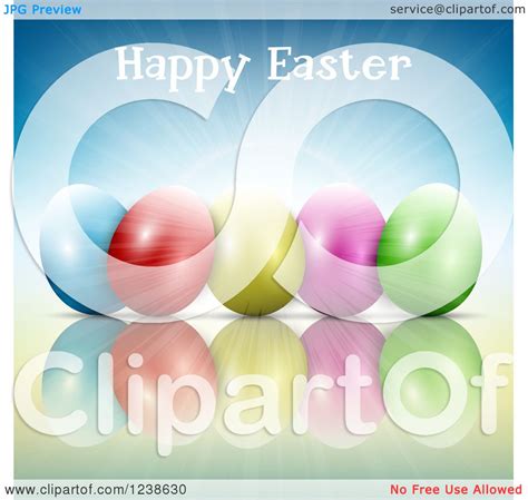 Clipart Of A Happy Easter Greeting Over Colorful Eggs And Blue Sunshine