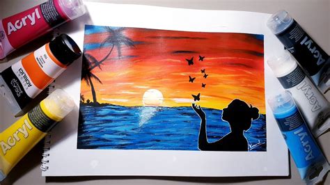 Girl With Butterflies Easy Sunset Beach Landscape Painting With