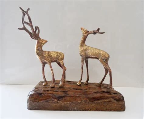 Sculpture Art Deco Vintage Chevreuil Cerf Biche En Bronze Sur Bois