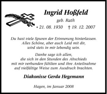 Traueranzeigen Von Ingrid Ho Feld Trauer In Nrw De