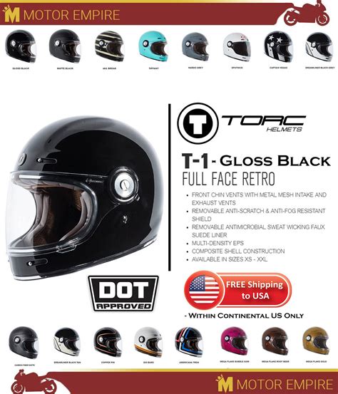 Helmet Gloss Black Torc T1 Retro Full Face Fiberglass Motorcycle