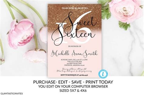 Rose Gold Glitter Sweet Sixteen Birthday Party Invitation Template Card