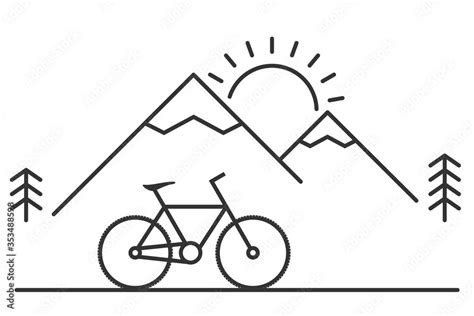 Mountain bike, hills, sun, trees, line icon. Nature tourism, travel ...