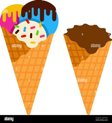 Three Balls Of Ice Cream In The Waffle Cone And Empty Waffle Cone Flat