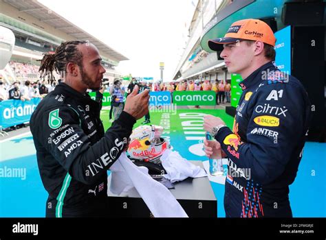 Mercedes Amg F In Parc Ferme Second Placed Max Verstappen Hi Res Stock