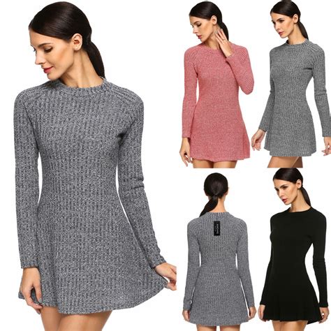 Women Autumn Long Sleeve Bodycon Slim Sweater Dress Ribbed Knit Mini