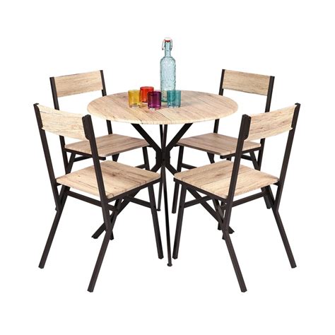 Ensemble table ronde 80 cm avec 4 chaises en bois et métal DARCY