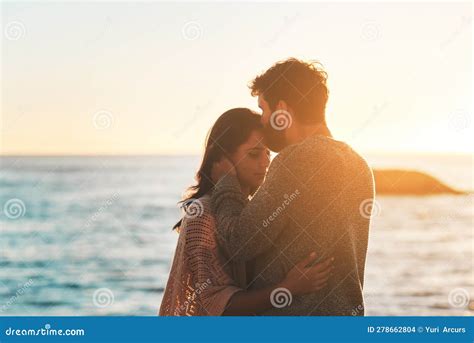 Sunset Beach And Couple Kiss Forehead For Relax Bonding And Quality