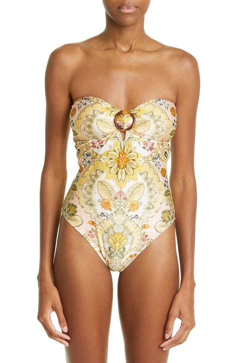 Zimmermann Laurel Baroque Floral Strapless One Piece Swimsuit