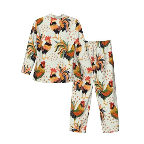 Kll Colorful Roosters Sleepwear Mens Flannel Pajamas Long Cotton Pj Set