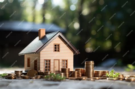 Premium Photo Wood House With Stacks Of Coins And A Rising Curve