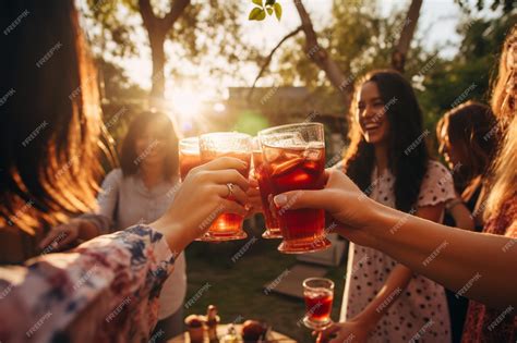 Premium Photo A Group Of Friends Raising Glasses Of Strawberry Juice In A Toast At A Celebration