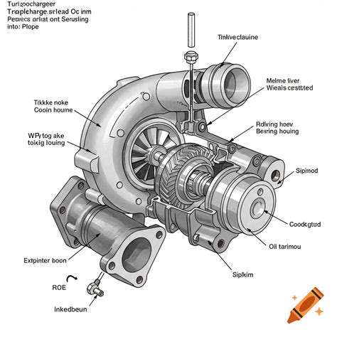 A Detailed Technical Illustration Of A Turbocharger With Many Labels